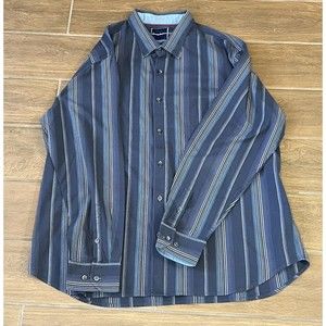 Tommy Bahama Long-Sleeved Striped Primarily Blue Button Down Shirt & Collar XXL